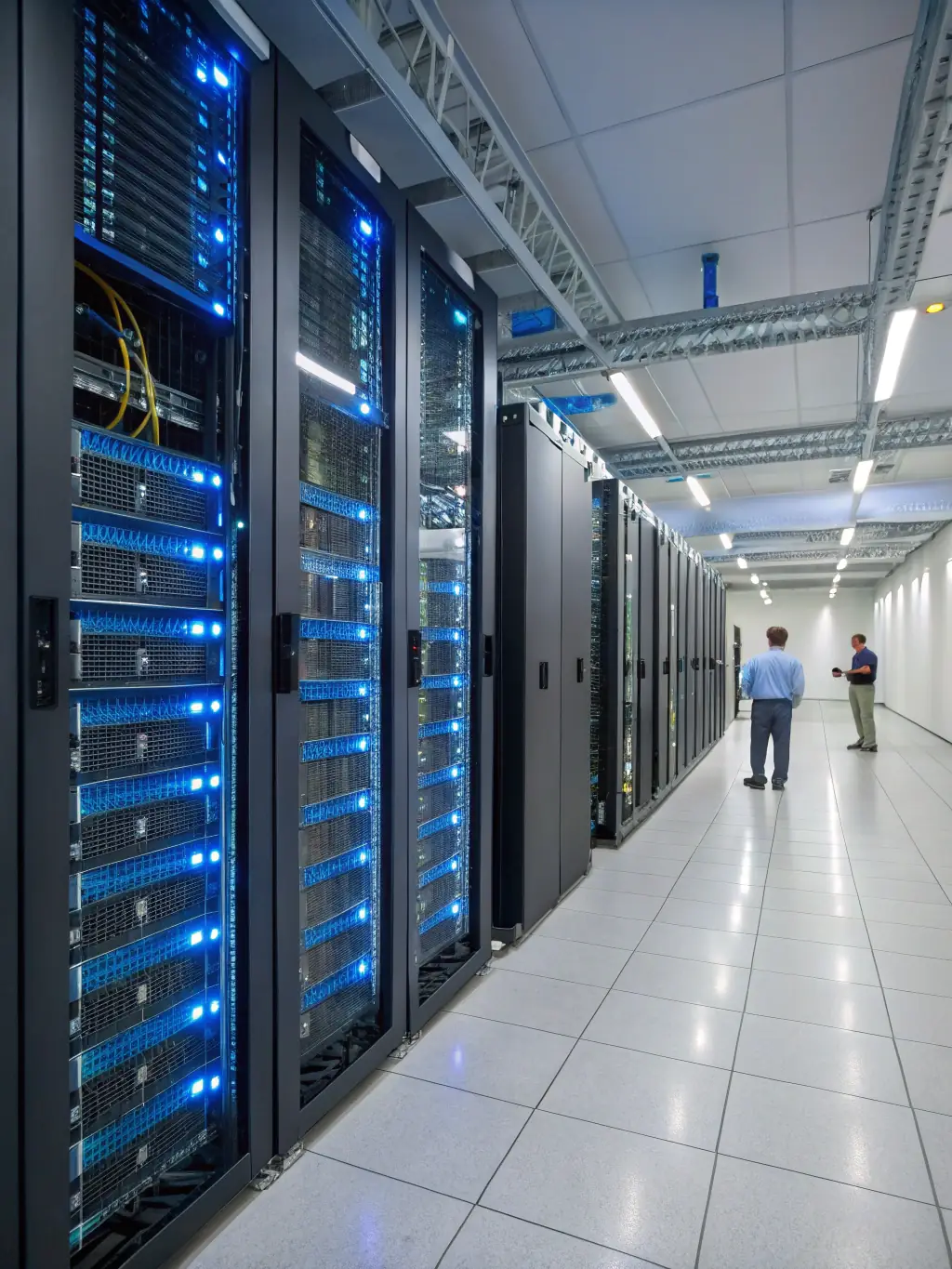 A server room filled with blinking lights and neatly arranged racks, symbolizing robust infrastructure and efficient data management in a modern IT environment.