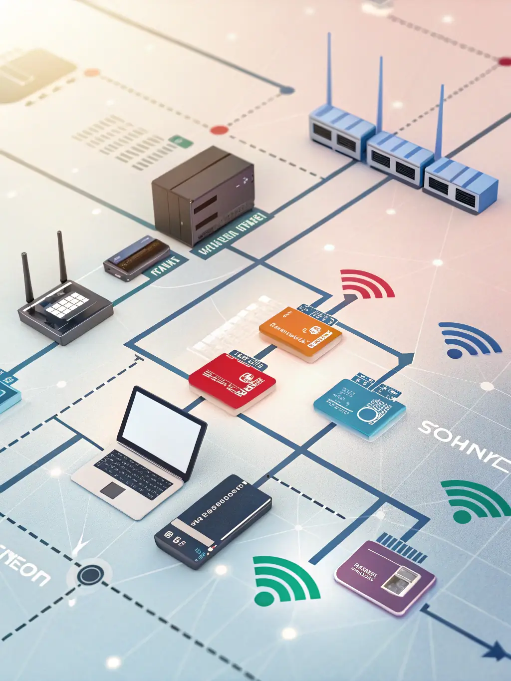 A network diagram illustrating interconnected devices and data flow, highlighting the complexity and efficiency of network architecture in a business setting.